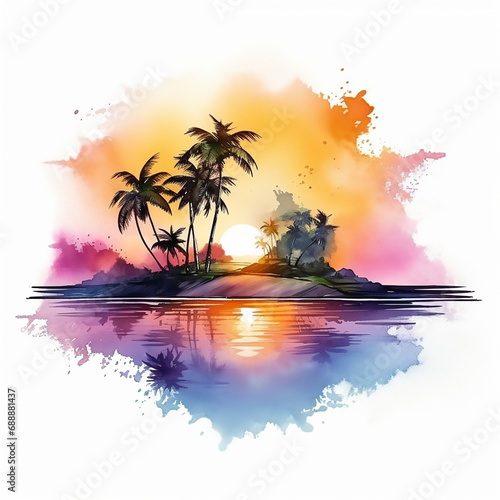 surf paradise seascape waves idyllic rest resort tropic dawn palm recreation shore watercolor