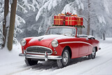 a red color vintage  car with Christmas presents on top of it travelling on a winter road
