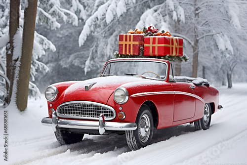 a red color vintage car with Christmas presents on top of it travelling on a winter road