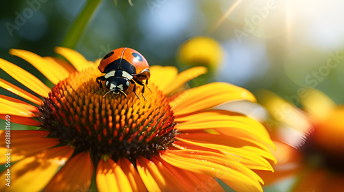 Close-up photo of echinacea flower with ladybug on petals. Sunflower Grasshopper Images . Pretty Bugs Images.AI Generative 