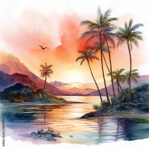 paradise seascape caribbean resort tropic palm shore watercolor wave sunrise dusk horizon 