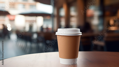 Take out coffee cup mockup on a blurred background. Paper cup for coffee to go on wooden surface close up. photo