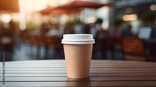 Brown paper cup for hot coffee, tea, drinks with white lid on a blurred background