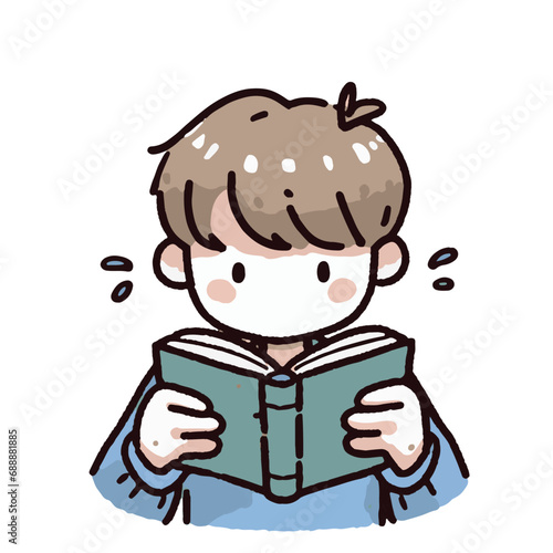 Teenage boy reading book on white background. cartoon vector illustration. ai generator art