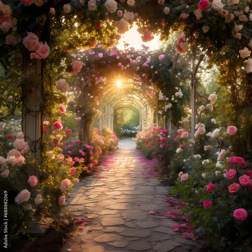 A garden pathway surrounded by blooming roses
