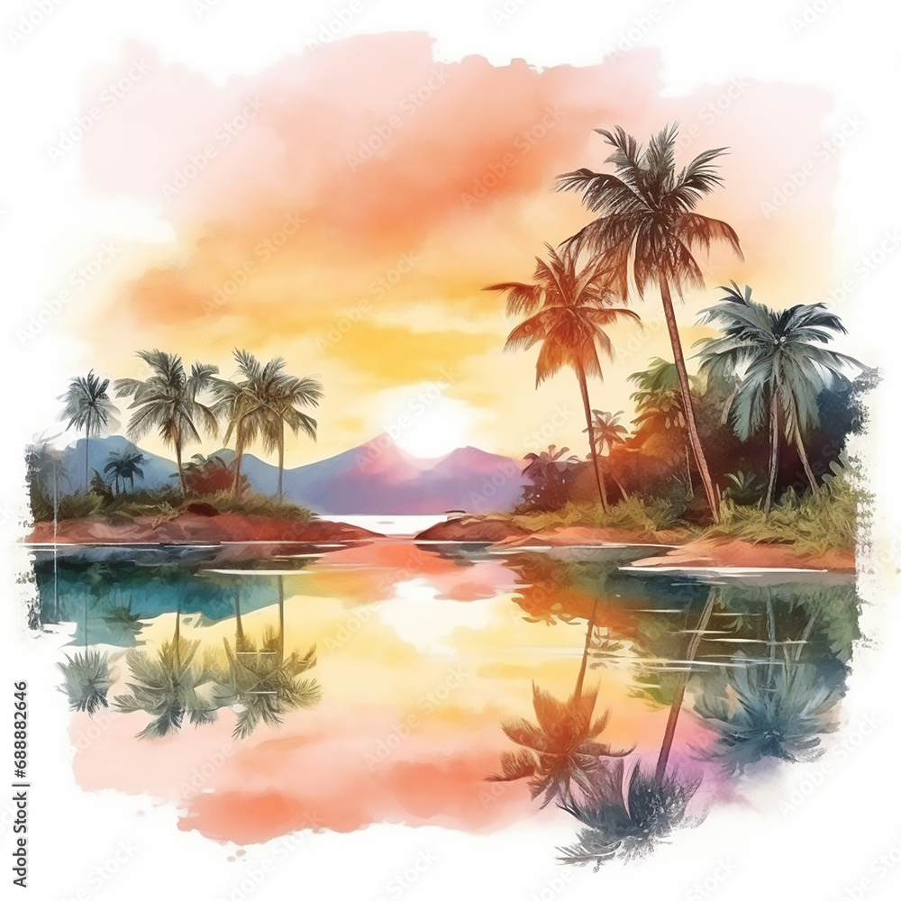 hawaii painting paradise seascape rest resort tropic palm watercolor sunrise horizon purple 