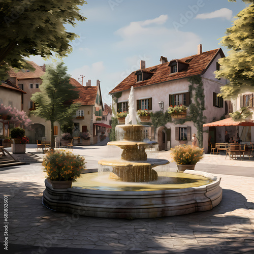 A peaceful village square with a charming fountain.