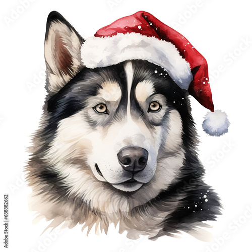 Siberian Husky Dog Wearing a Santa Hat. AI generated image