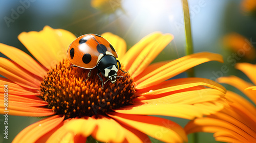 ladybird on yellow flower. spring Serenity. A Ladybug's Haven on Blossoming Petals.Wallpaper .autumn, flower, insect.AI Generative 