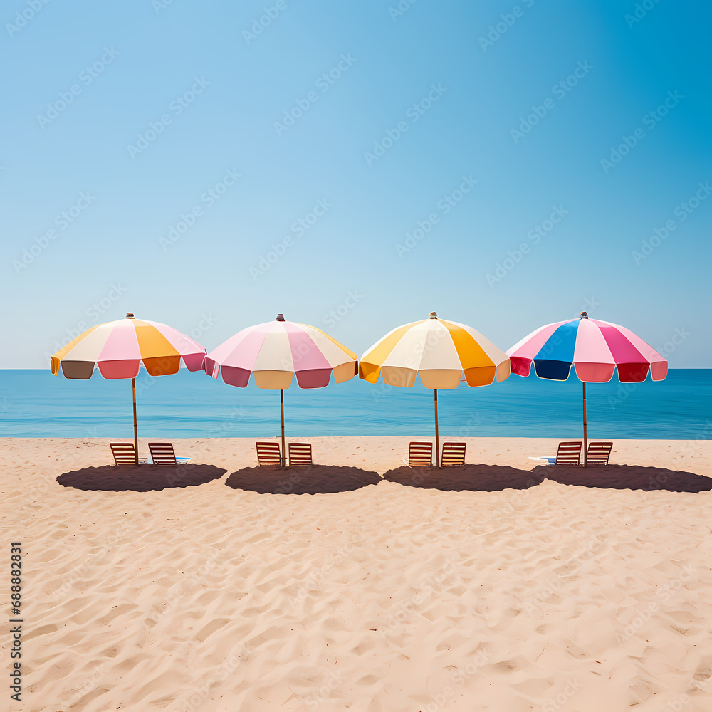 A row of colorful beach umbrellas on golden sand.