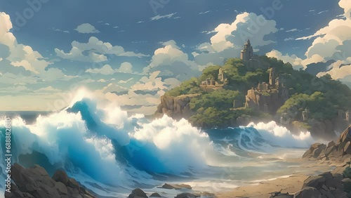 Standing rocky cliffs overlooking Tears, struck sight endless blue waves crashing against shoreline. sound water echoes with mournful tone, itself weeping sorrow. 2d animation photo