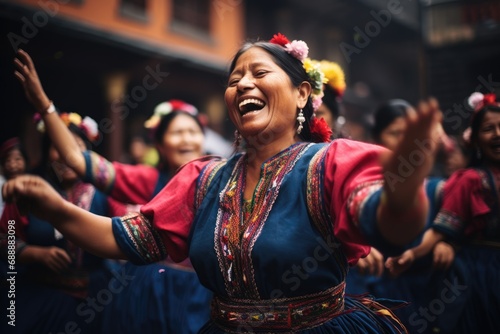 Sunset Rhythms in Quito:  Cultural Heritage as Happy Women, Adorned in Local Costume, Gracefully Perform Traditional Dance at Sunset in Ecuador



 photo