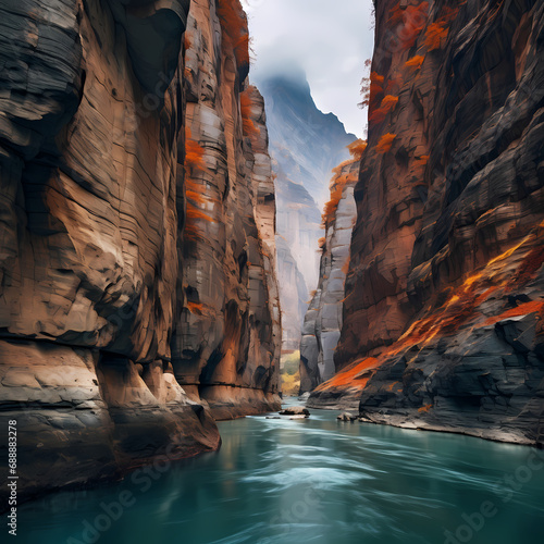 A serene river cutting through a rocky canyon.