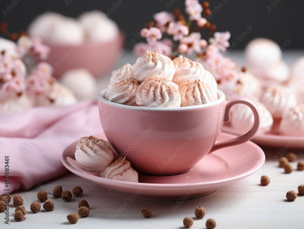 Cup of hot chocolate with marshmallows on white wooden table Cup of hot chocolate with marshmallows on white wooden table