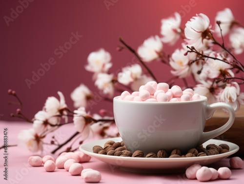 Cup of hot chocolate with marshmallows and spring flowers on pink background