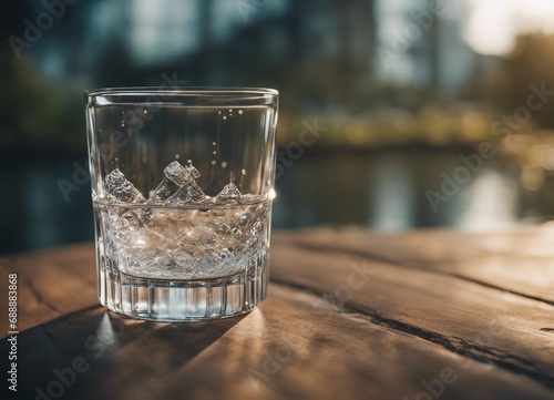 Glass of water with ice cubes on a wooden table in the evening.