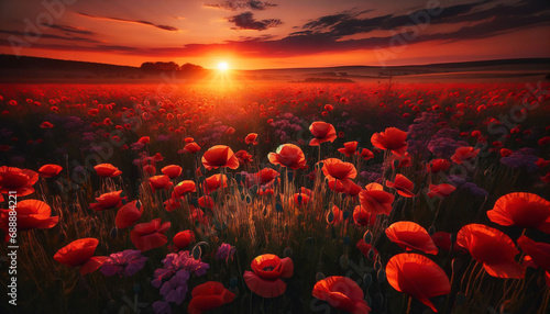 Poppies In Field At Sunset