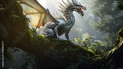 Mystical animal in form of huge forest dragon basks in sun . Beautiful and powerful fantasy dragon.AI Generative  © Zeee