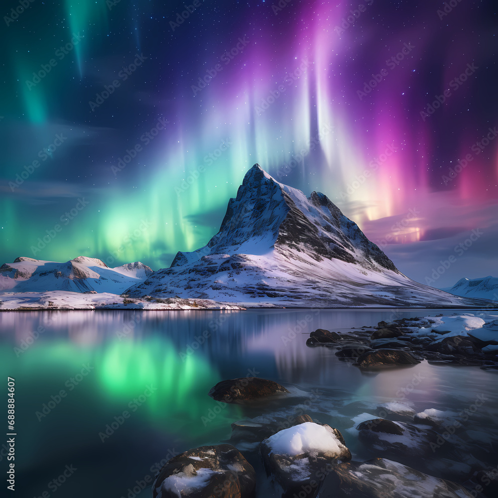 A snowy mountain peak under the colorful lights of the aurora borealis.
