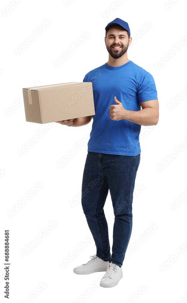 Happy courier with parcel showing thumb up on white background Happy courier with parcel showing thumb up on white background