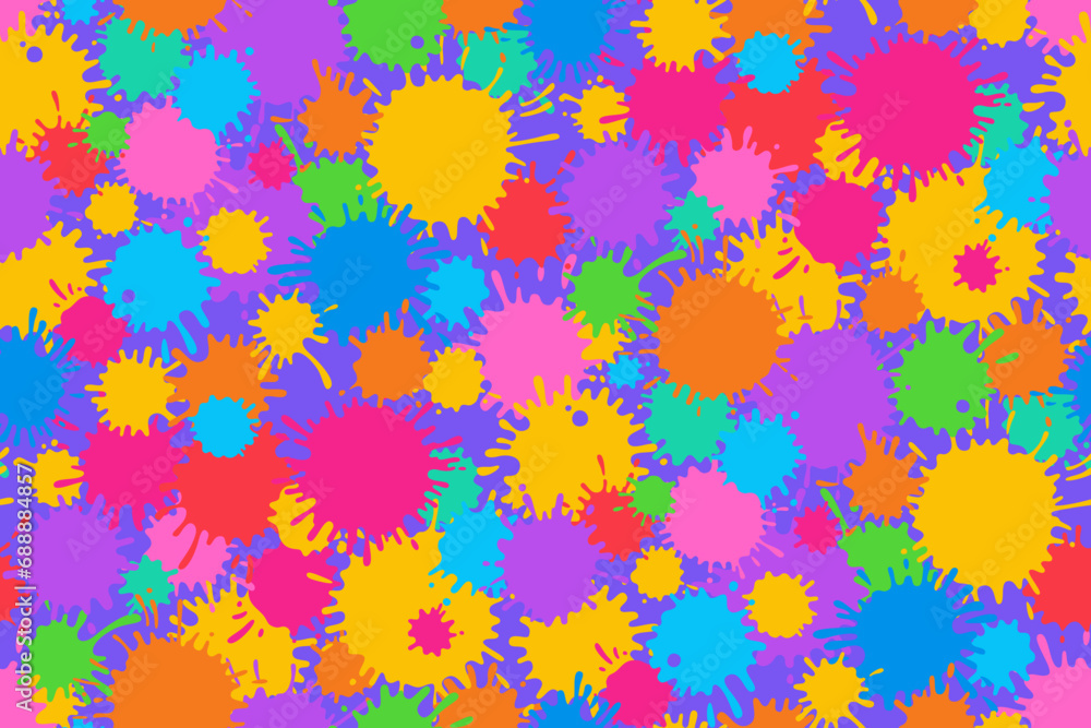 Splash paint splatter colorful cartoon seamless pattern. Stain, splat repeat ornament, liquids drop splatter boundless print. Colored splashes ink drops for wallpaper background textile decor vector