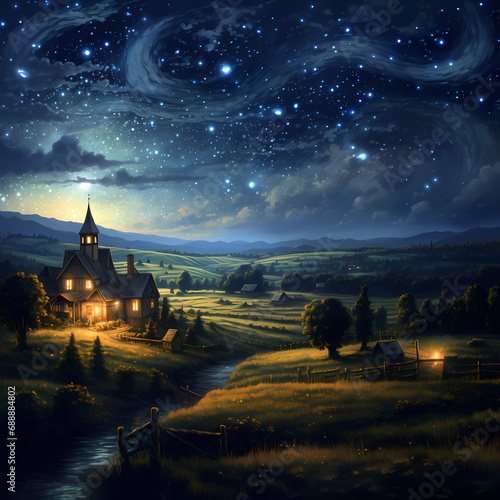 A starry night over a peaceful countryside.