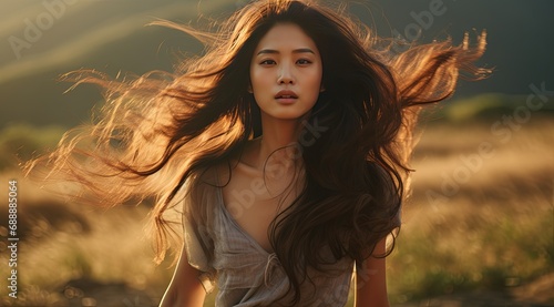 Asian woman with flowing hair amidst golden field at sunset.