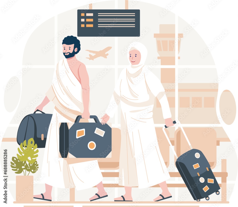 Islamic Hajj Pilgrimage. Muslim People do Tawaf or walking around Kaaba in Mecca. Vector illustration in flat style