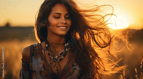 A Middle-Eastern woman with wind-swept hair in a sunset field.