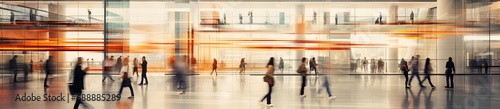 Motion-blurred people walking in a modern building, perfect for concepts of urban life and business.