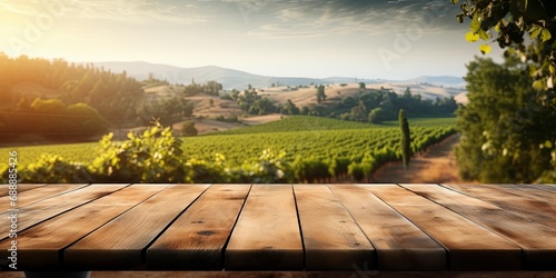 Wooden table overlooking a lush vineyard at sunset, suitable for winery and travel marketing.