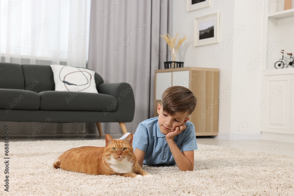 Little boy petting cute ginger cat on soft carpet at home