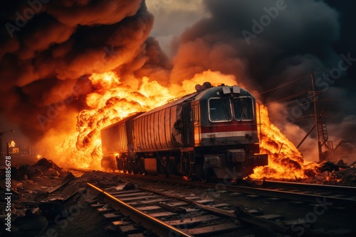 Train Disaster: Fire and Accident on the Railway Line, Smoke and Flames Engulfing the Scene, Emergency Response and Rescue Operations Underway.


