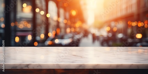 Marble tabletop with a blurred city street and lights at sunset. Perfect for real estate, urban lifestyle, or dining experiences.