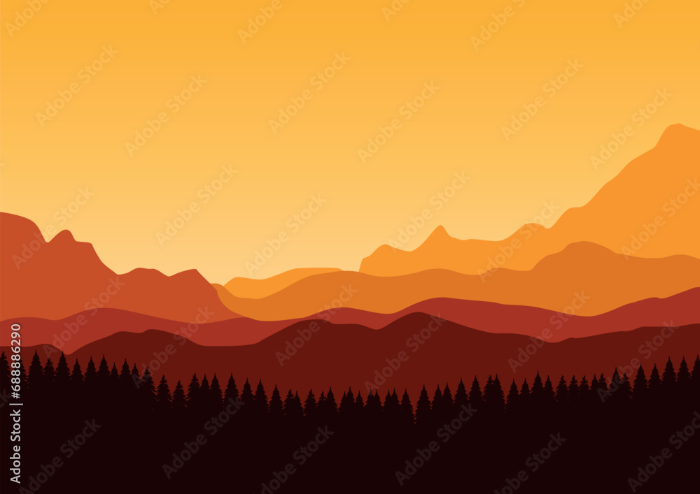 mountains and forest. Vector illustration in flat style.