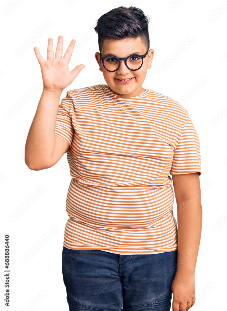 Little boy kid wearing casual clothes and glasses showing and pointing up with fingers number five while smiling confident and happy. Little boy kid wearing casual clothes and glasses showing and pointing up with fingers number five while smiling confident and happy.