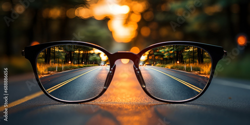 A pair of glasses are on the road with the sun shining on them. A Narrative Unfolding as Spectacles Bask in Sunlight Along the Highway AI Generative 