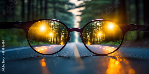  Road leading towards a bright light source seen in sun glasses glasses sitting on top of a wet street Clear Vision of a Serene Sunset Appreciating Nature's Beauty for a Better Feeling AI Generativ 