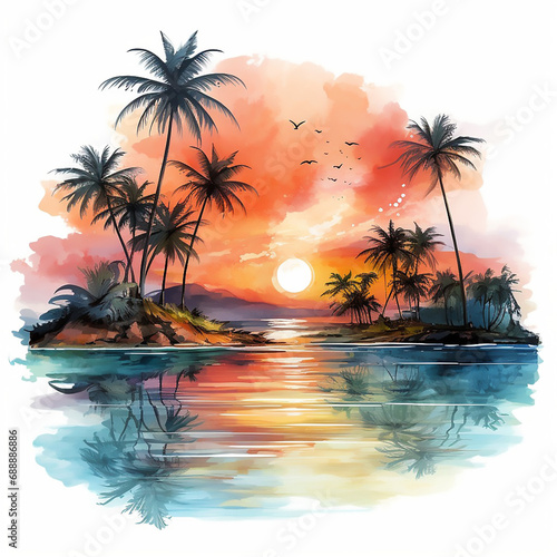 hawaii twilight paradise seascape caribbean resort dawn palm shore watercolor wave sunrise 