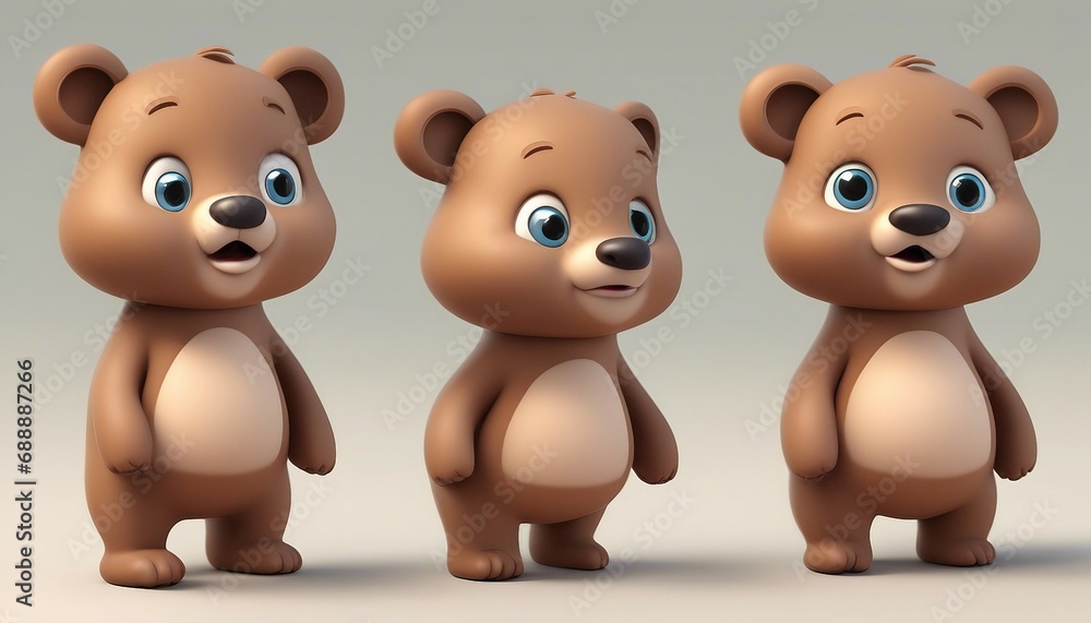 3d render of three cute brown bear character on gray background with shadow 3d render of three cute brown bear character on gray background with shadow