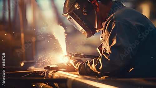 Closeup of the intricate details of the welding process as the welder carefully navigates the torch along the edges of the pipeline, showcasing the meticulous attention to detail required photo