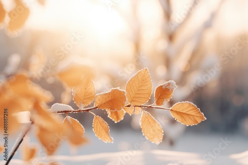 Winter nature background with frozen branch with leaves covered by snow and ice in the mourning. Hoarfrost, closeup frosty golden leaves. Abstract floral backdrop for design card, wallpaper, poster