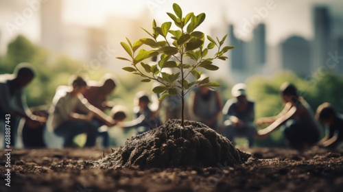 Community Planting Young Tree in Urban Environment