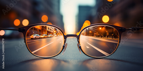 Glasses on the road A pair of glasses sitting on top of a wet street Wet Street Chronicles Featuring a Pair of Fashionable Eyeglasses AI Generative 
