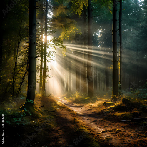 A tranquil forest with rays of sunlight filtering through the trees. © Cao