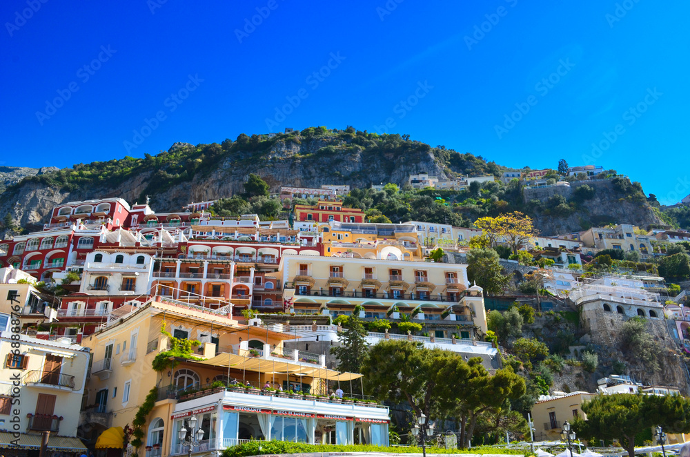 Colorful architecture in Amalfi coast with deep blue sky background
