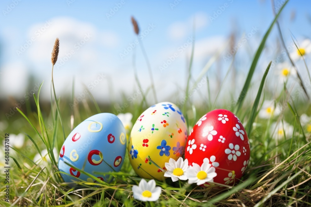 Easter eggs in spring meadow. Holiday Background Generative ai Easter eggs in spring meadow. Holiday Background Generative ai