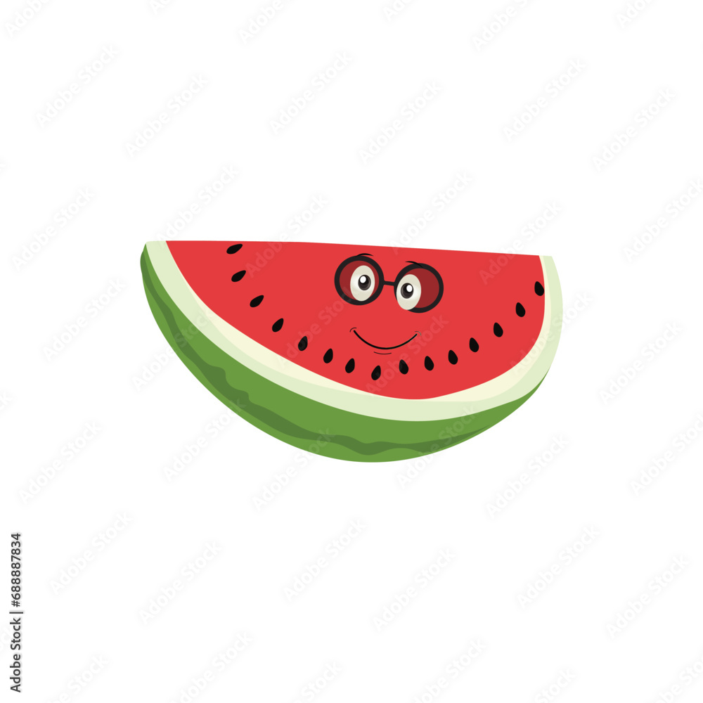 Funny watermelon slices characters with cartoon smile faces. Cute fruit in sunglasses surf. Summer time party. Comic watermelons vector set Funny watermelon slices characters with cartoon smile faces. Cute fruit in sunglasses surf. Summer time party. Comic watermelons vector set