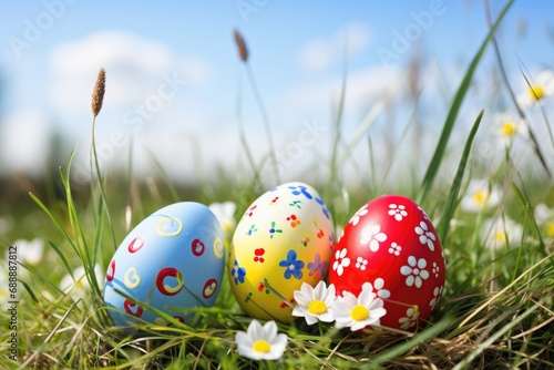 Easter eggs in spring meadow. Holiday Background Generative ai
