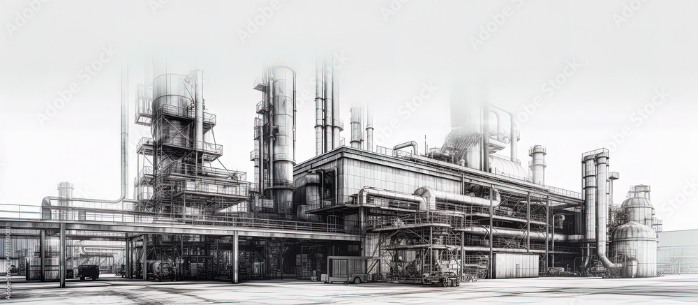 Industrial area with steel infrastructure on white background, Double exposure. Technical black and white drawing. Generative AI